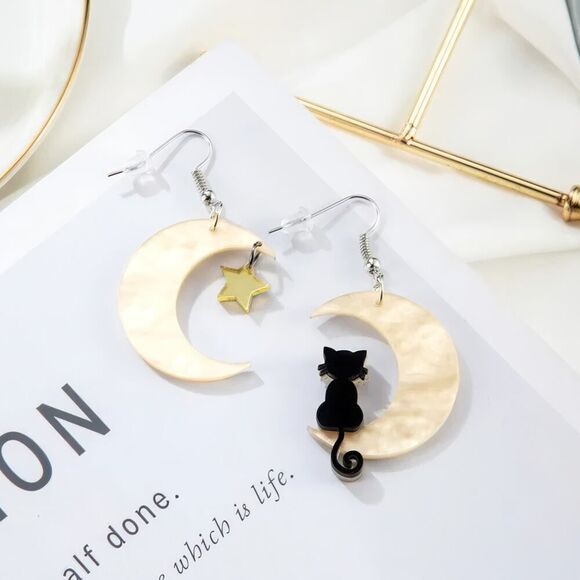 Black Cat Yellow Crescent Moon Acrylic Earrings with Gold Star - Picture 3 of 4